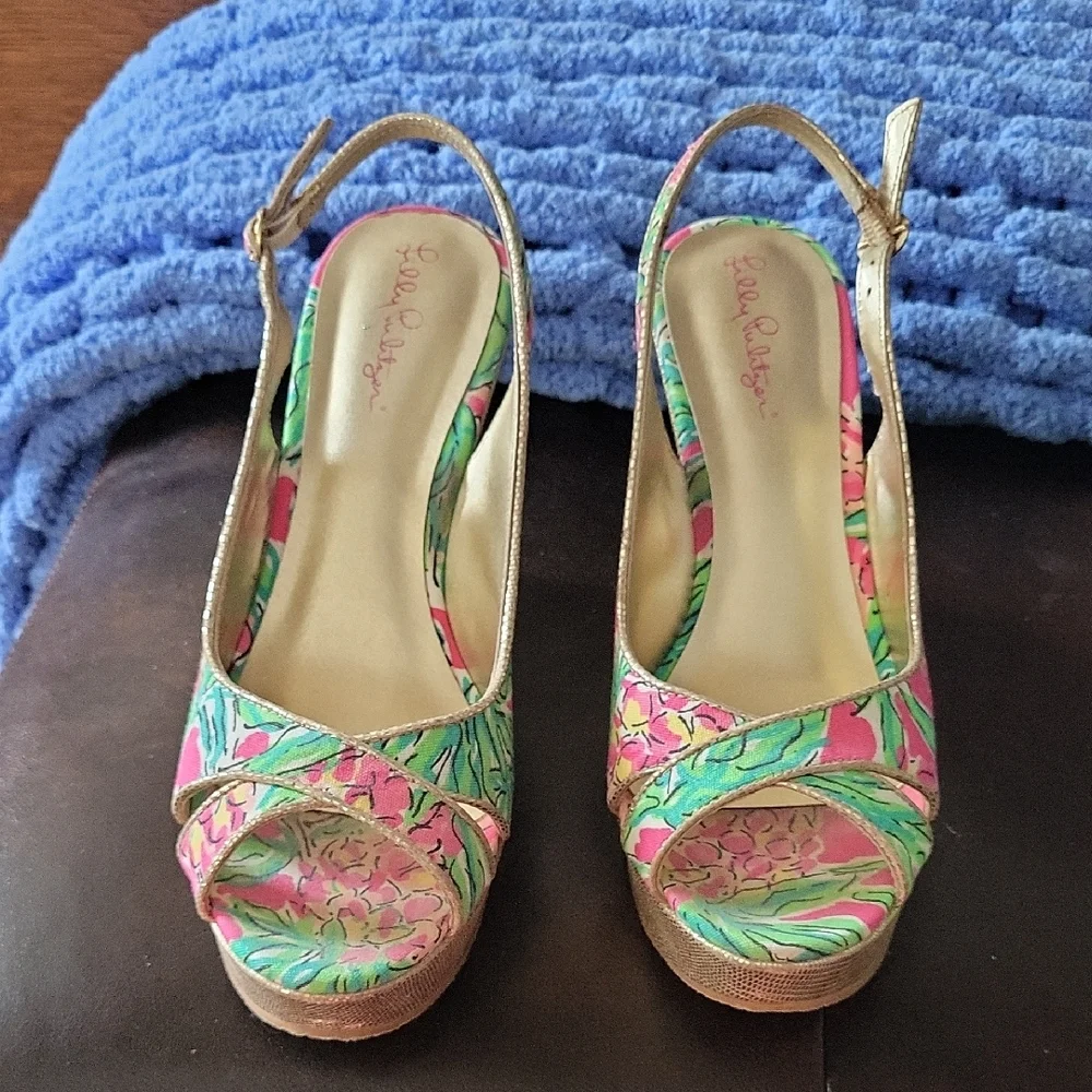 Lilly Pulitzer Vibrant Pink and Green Peep-Toe Wedges - Picture 1 of 4